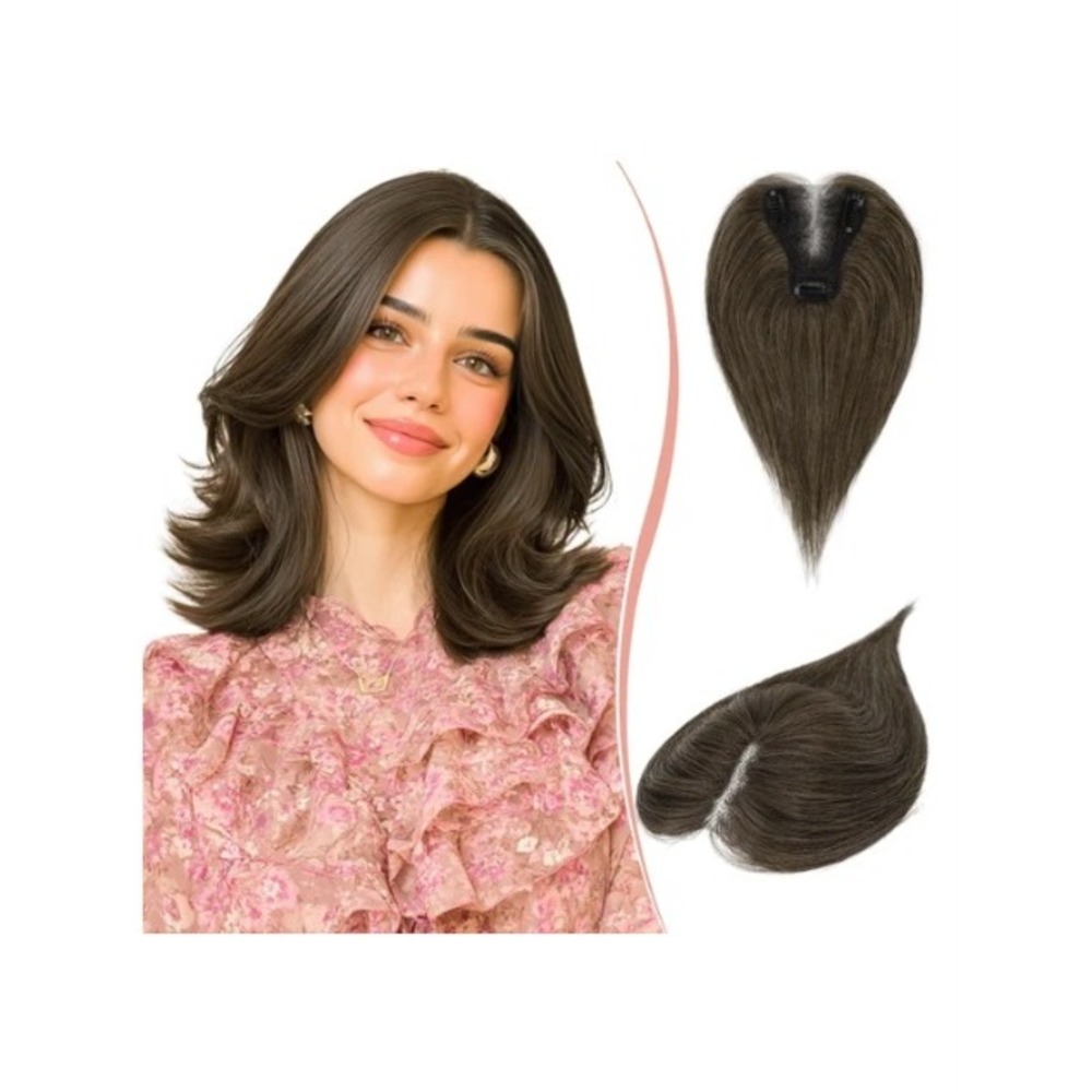 RUWISS Real Human Hair Topper 10" Brown Clip In Hairpiece Thinning Natural Light